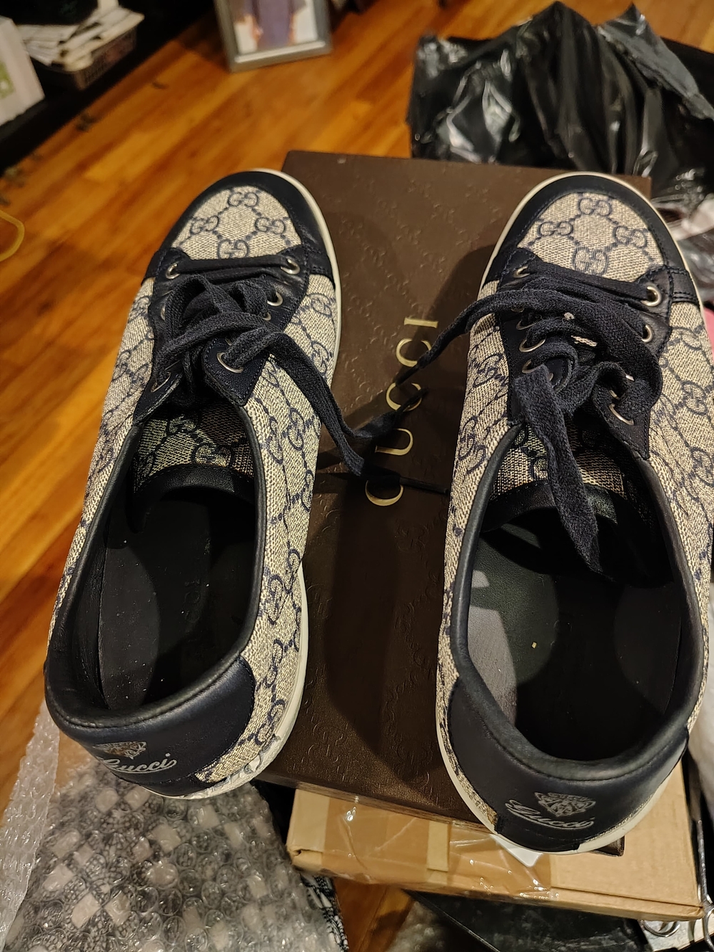 Gucci Beige Monogram Canvas and Navy Lace-Up Sneakers